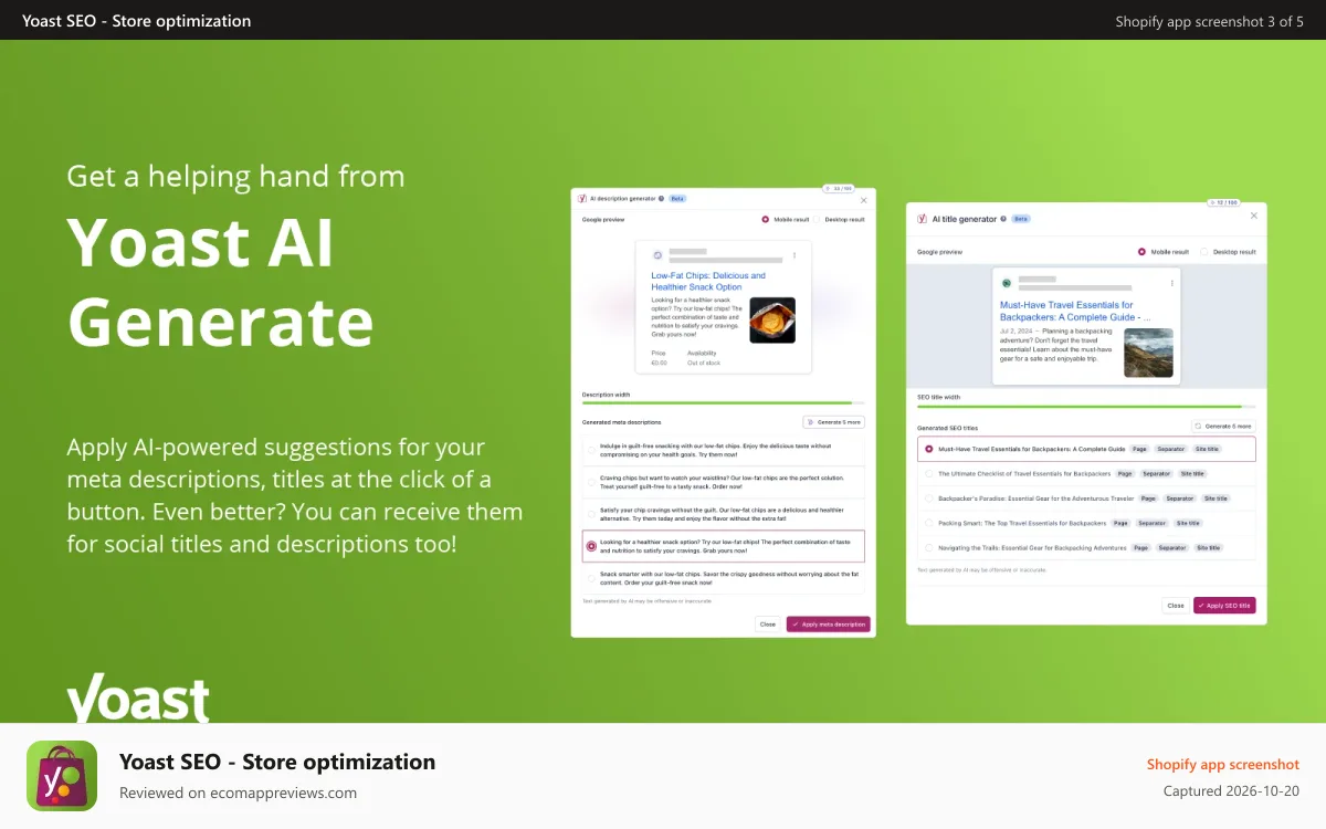 Yoast SEO ‑ Store optimization Shopify app screenshot: Generate SEO Optimized titles and descriptions