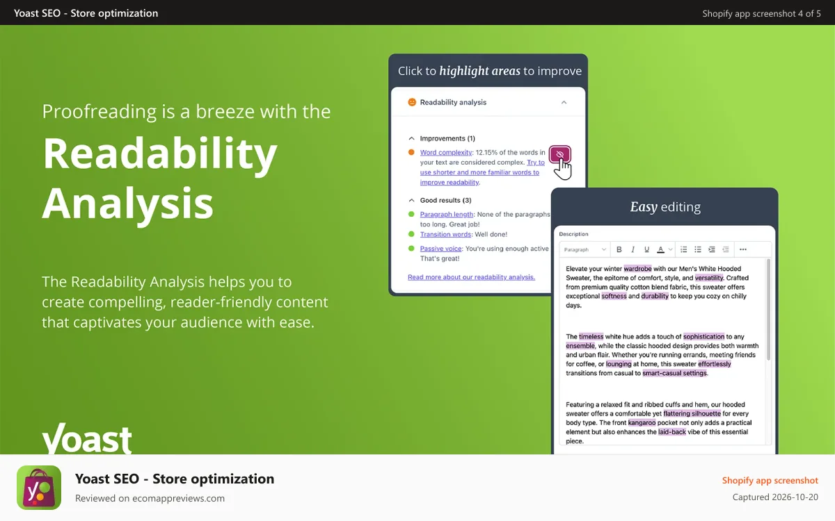 Yoast SEO ‑ Store optimization Shopify app screenshot: Image showcasing the Readability Analysis