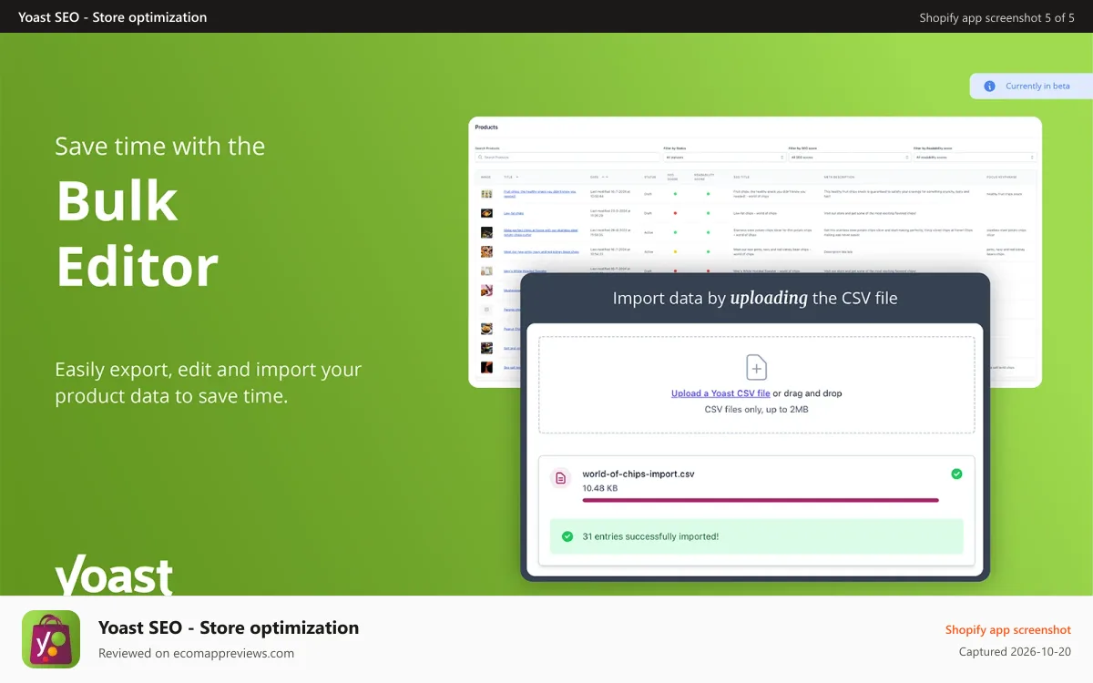 Yoast SEO ‑ Store optimization Shopify app screenshot: Image showcasing the Bulk Editor tool