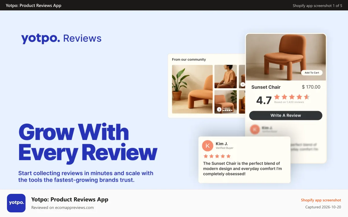 Yotpo: Product Reviews App Shopify app screenshot: Grow with every review