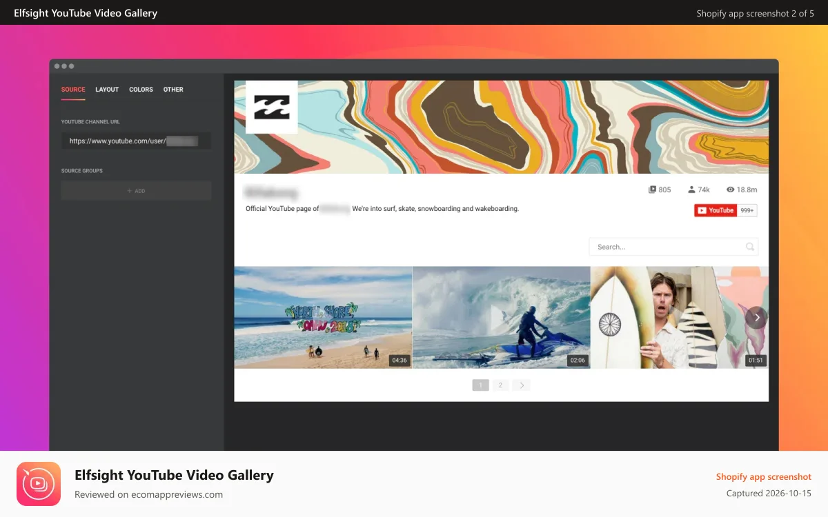 Elfsight YouTube Video Gallery Shopify app screenshot: Just add channel URL or set source groups to display the videos