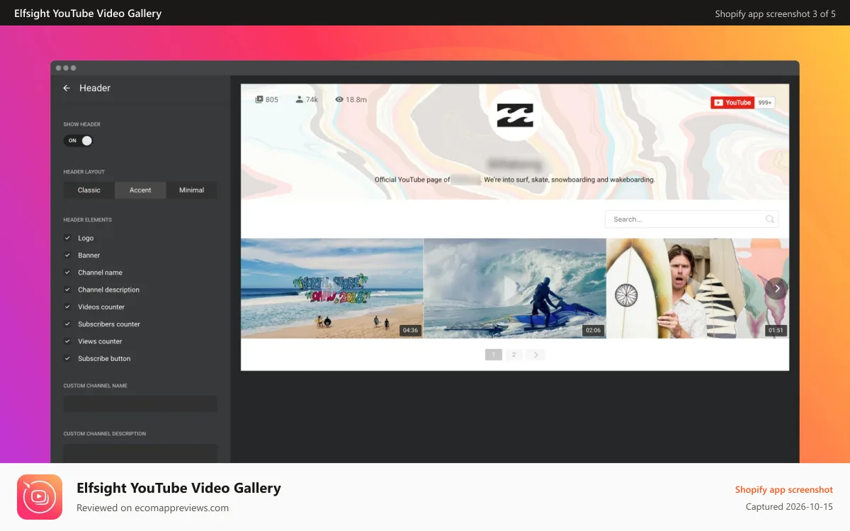Elfsight YouTube Video Gallery Shopify app screenshot: Show or hide header and its elements, and set Subscribe button