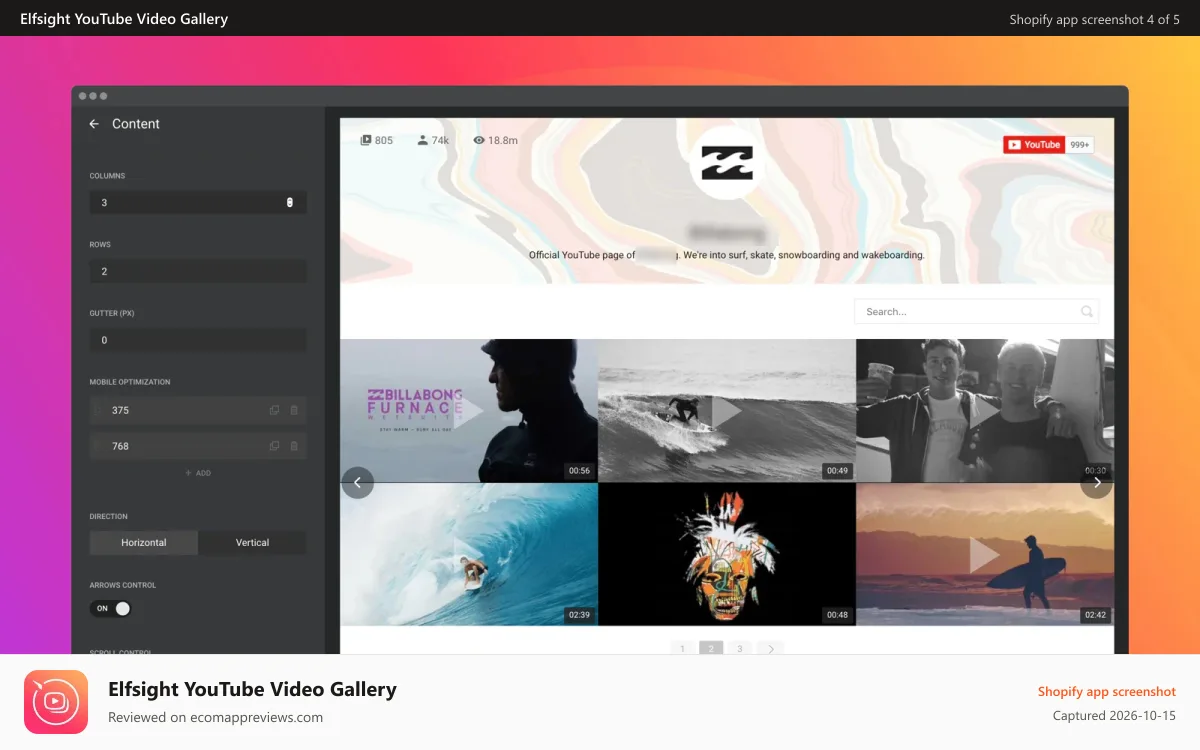 Elfsight YouTube Video Gallery Shopify app screenshot: Adjust the content grid, the look of preview, and controls