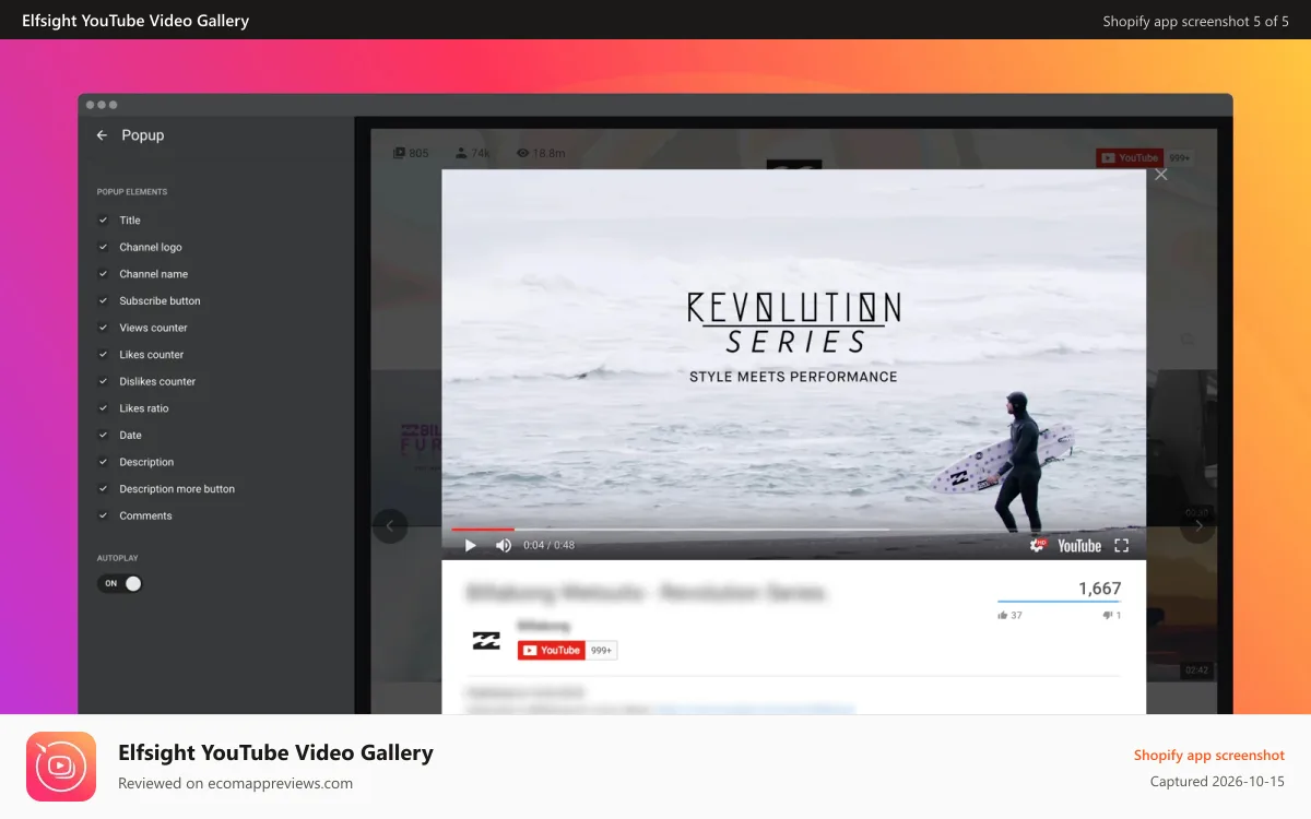 Elfsight YouTube Video Gallery Shopify app screenshot: Choose elements to be displayed in popup and set autoplay