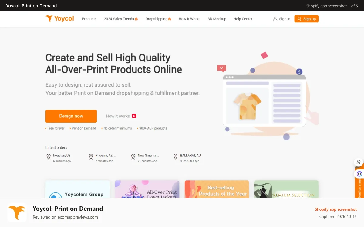 Yoycol: Print on Demand Shopify app screenshot: All-Over-Print dropshipping & fulfillment partner