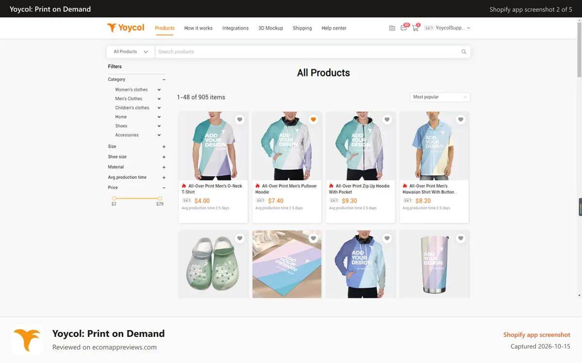 Yoycol: Print on Demand Shopify app screenshot: Many All-Over-Print products