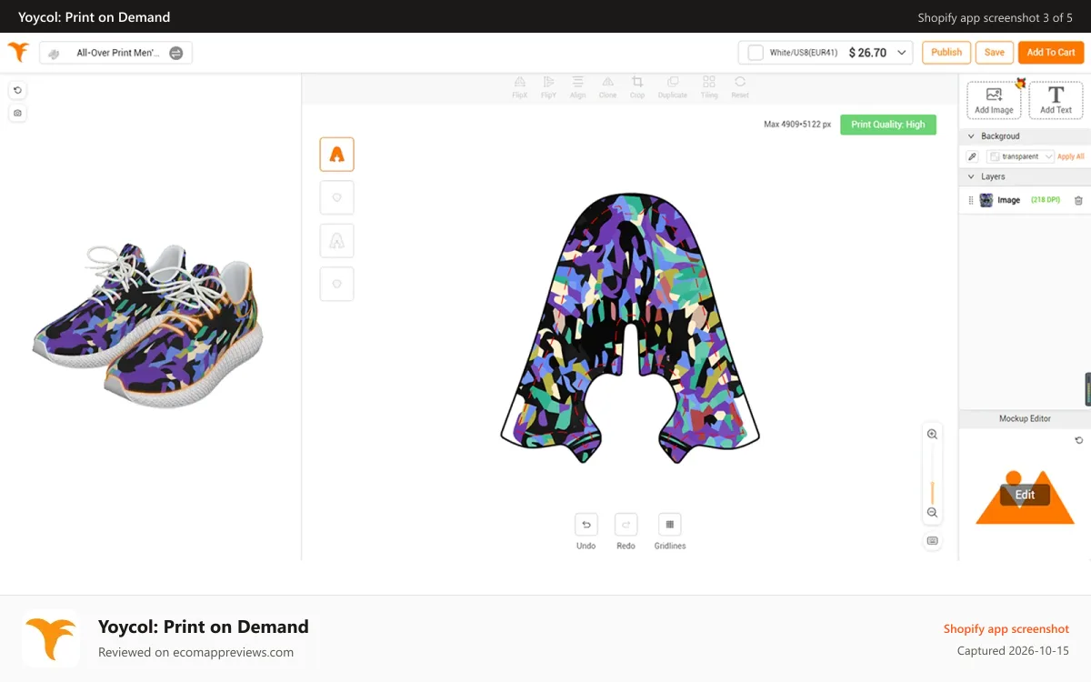 Yoycol: Print on Demand Shopify app screenshot: Design tools and real-time mockup randering
