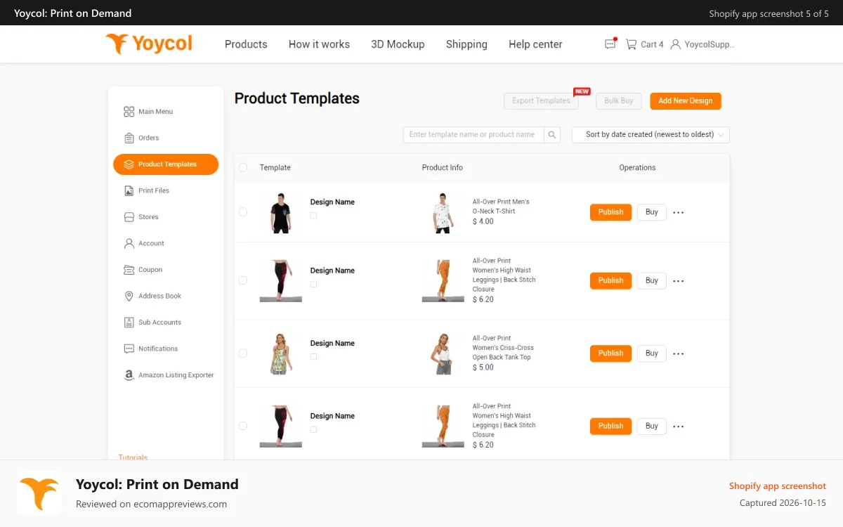 Yoycol: Print on Demand Shopify app screenshot: Designs management