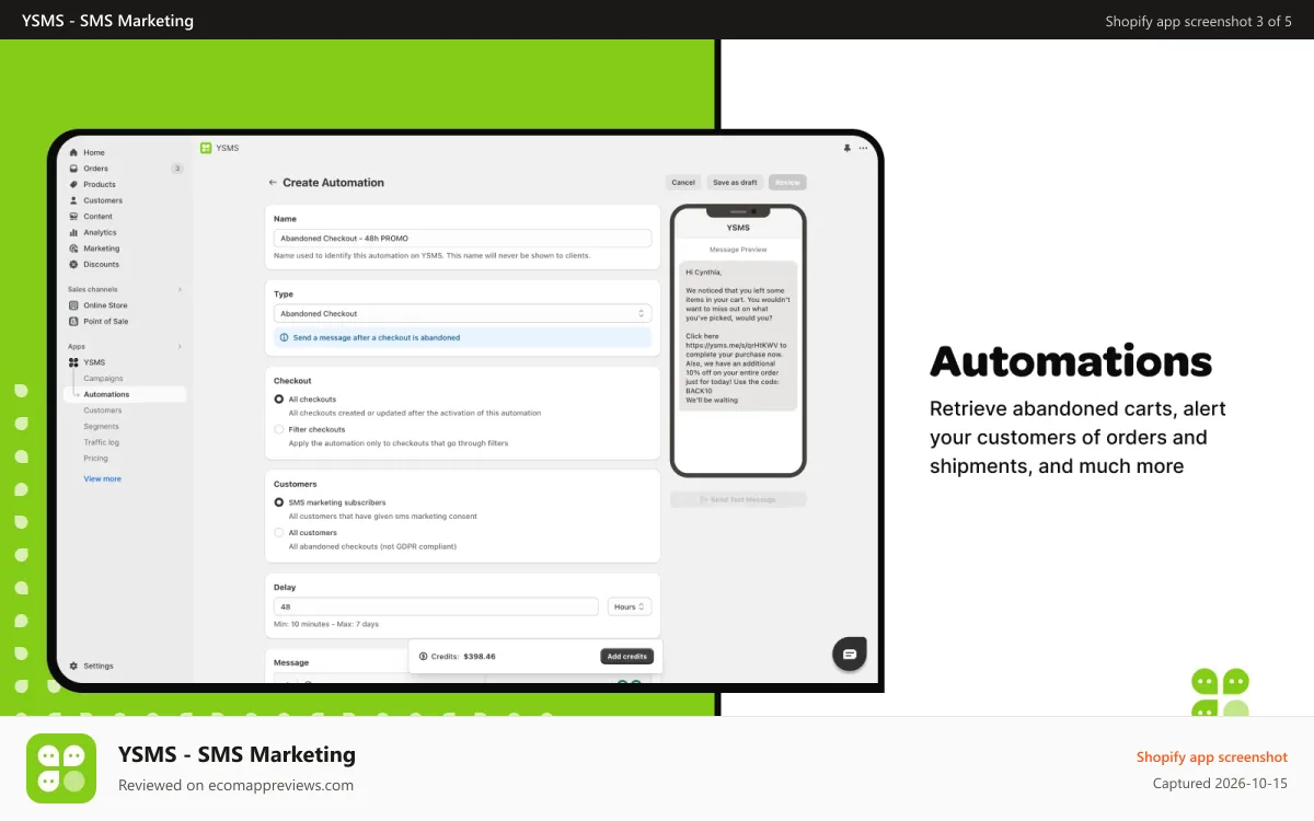 YSMS ‑ SMS Marketing Shopify app screenshot: ysms automations abandoned cart and new order