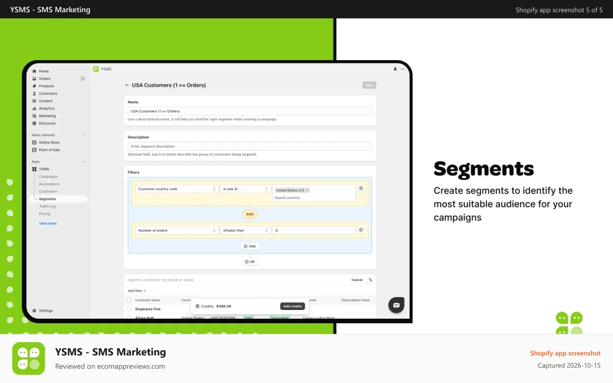 YSMS ‑ SMS Marketing Shopify app screenshot: ysms new segment customers audience
