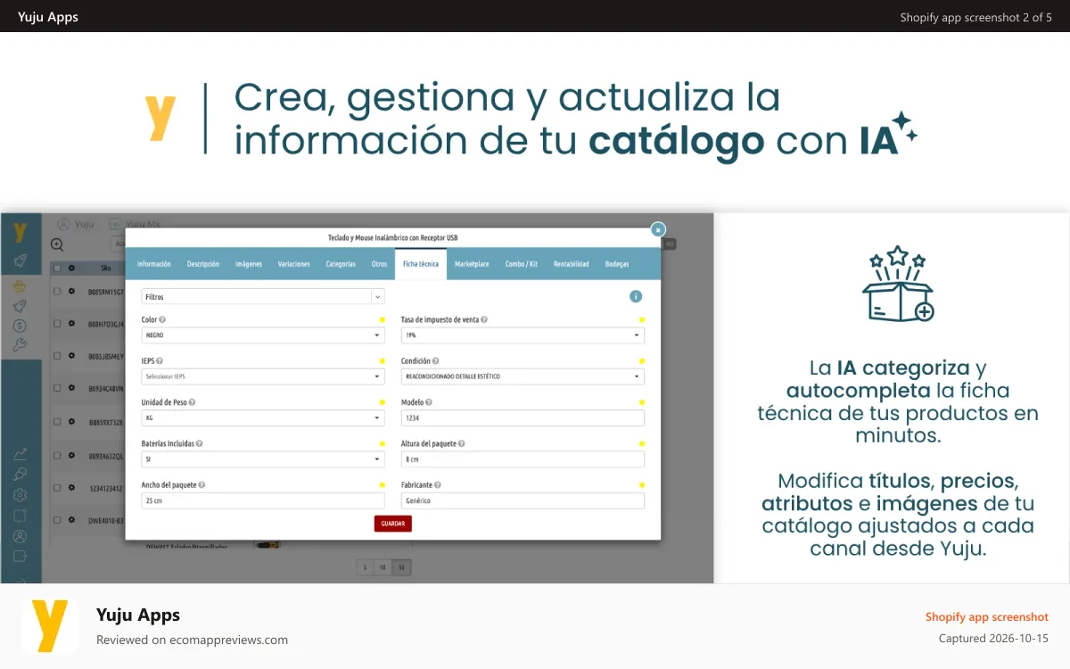 Yuju Apps Shopify app screenshot: AI-powered product catalog management and data enrichment.