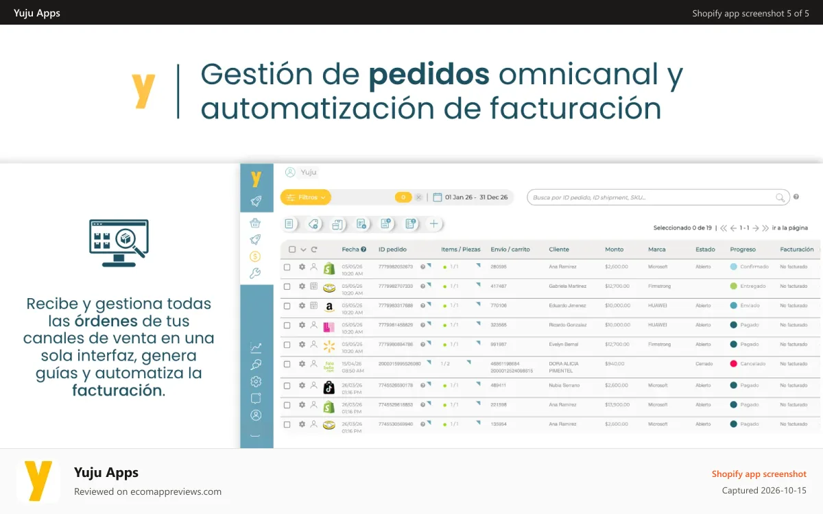 Yuju Apps Shopify app screenshot: Unified order management, shipping labels, and e-invoicing.