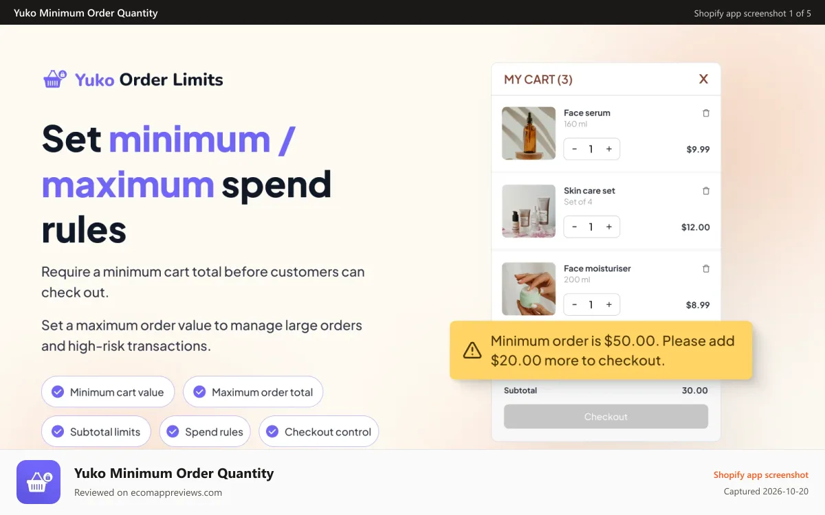 Yuko Minimum Order Quantity Shopify app screenshot: Minimum purchase quantity