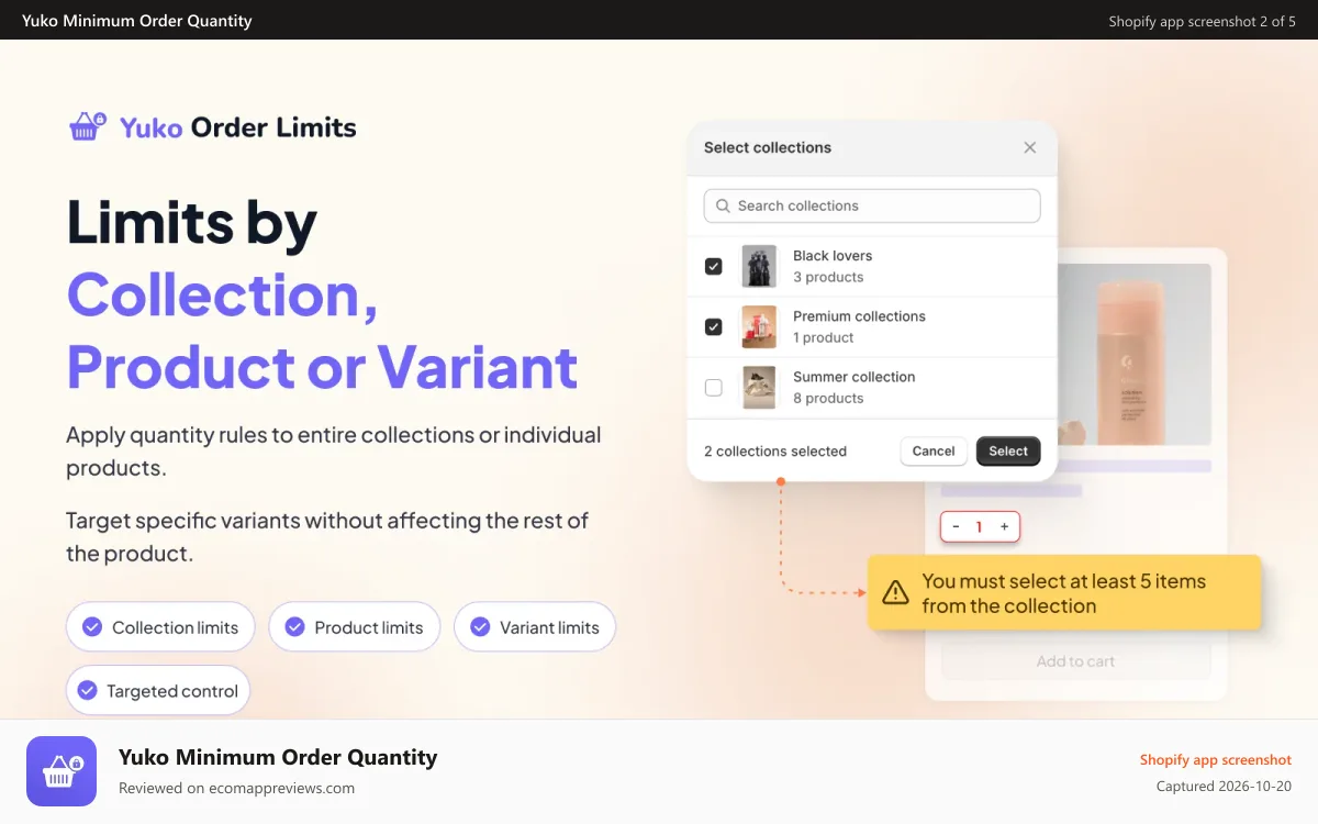 Yuko Minimum Order Quantity Shopify app screenshot: Set order limits based on products, variants, collections & more