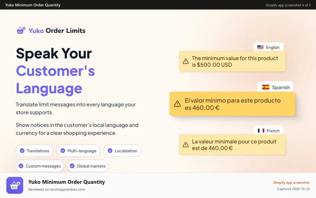 Yuko Minimum Order Quantity Shopify app screenshot: Set translations for every customer language.