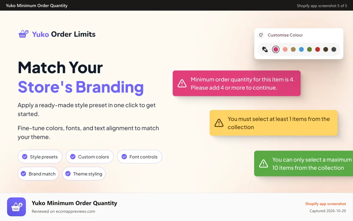 Yuko Minimum Order Quantity Shopify app screenshot: Set branding that feels native to your store.
