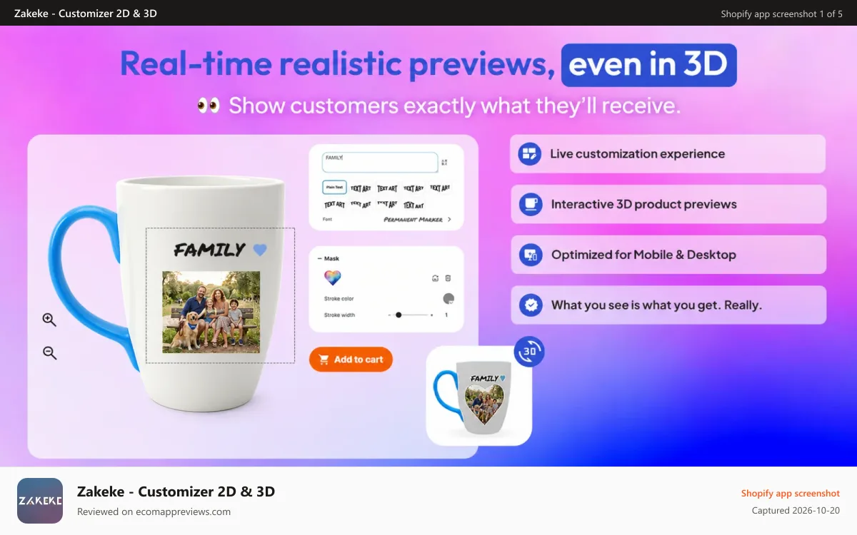 Zakeke ‑ Customizer 2D & 3D Shopify app screenshot: Live product personalizer with real time preview