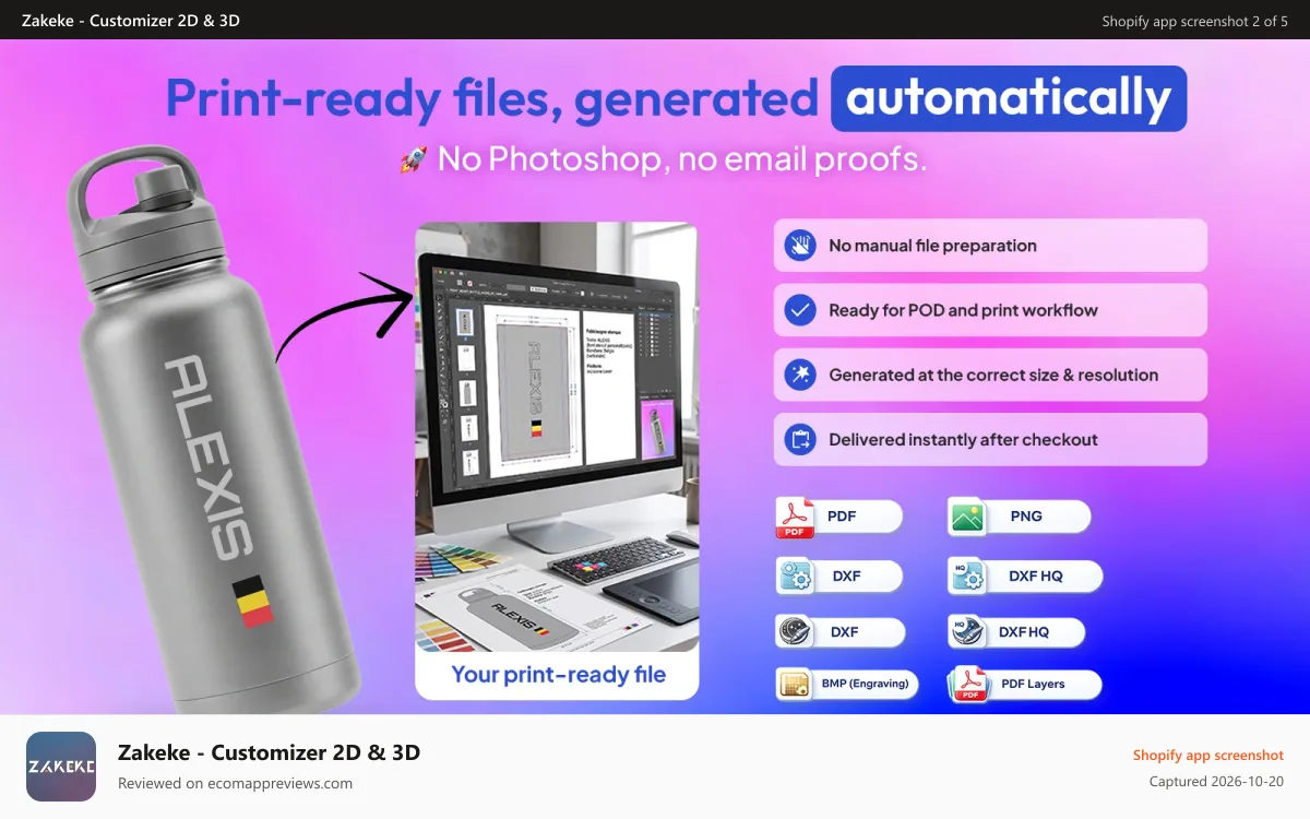 Zakeke ‑ Customizer 2D & 3D Shopify app screenshot: Automatic print ready files for personalized products