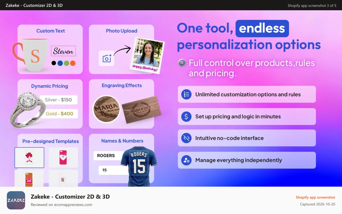Zakeke ‑ Customizer 2D & 3D Shopify app screenshot: Product personalization with text, images and design options