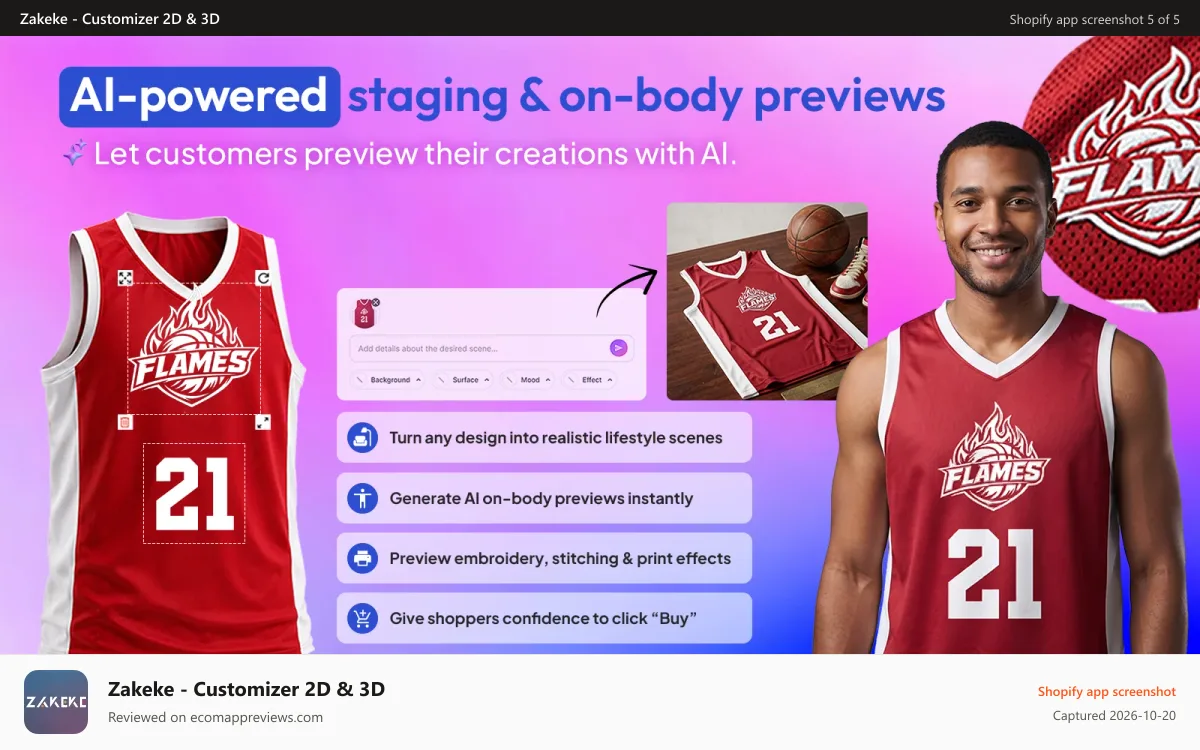 Zakeke ‑ Customizer 2D & 3D Shopify app screenshot: AI product preview on realistic models