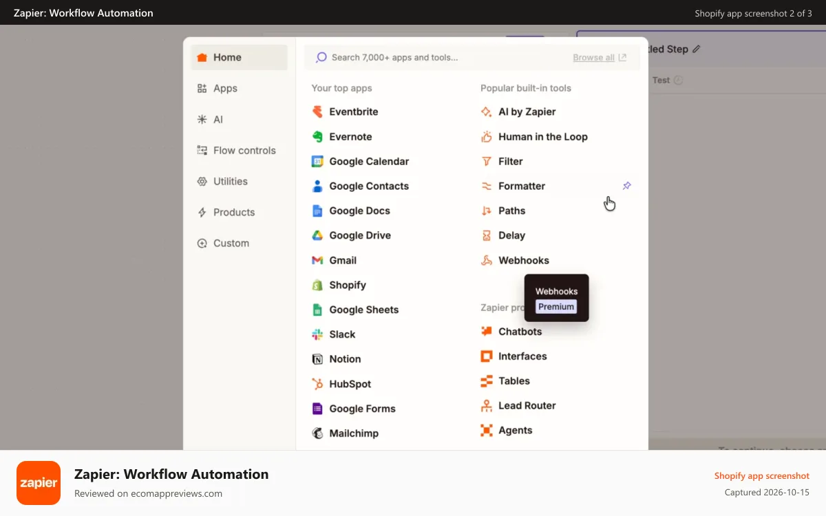 Zapier: Workflow Automation Shopify app screenshot: Connect Shopify with 7,000+ apps