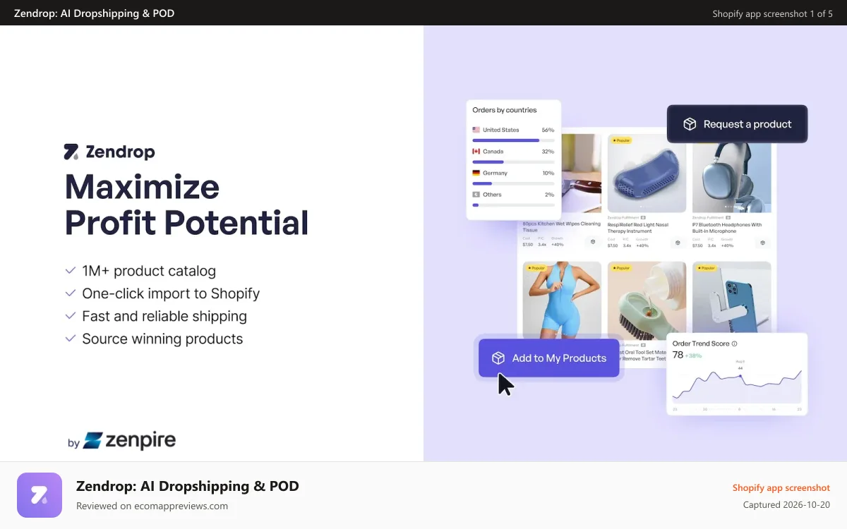 Zendrop: AI Dropshipping & POD Shopify app screenshot: Zendrop product sourcing and Shopify imports