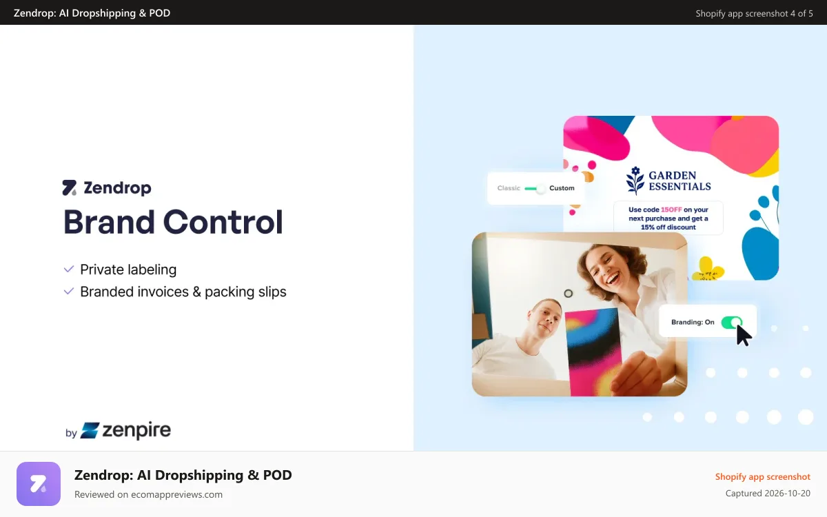 Zendrop: AI Dropshipping & POD Shopify app screenshot: Zendrop private labeling and branded packaging