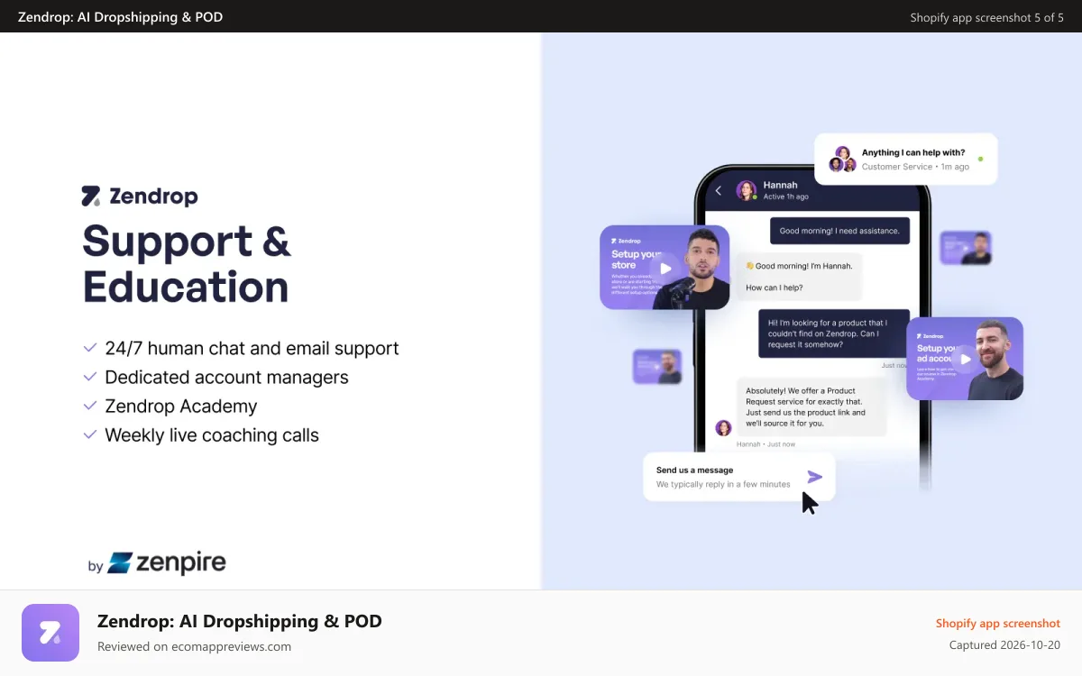 Zendrop: AI Dropshipping & POD Shopify app screenshot: Zendrop 24/7 support, coaching, and Academy