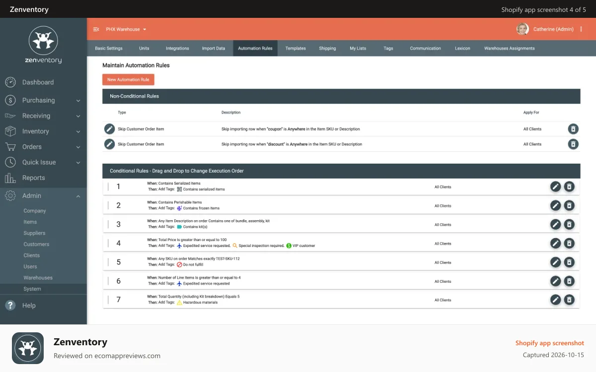 Zenventory Shopify app screenshot: Automation rules: conditional & non-conditional