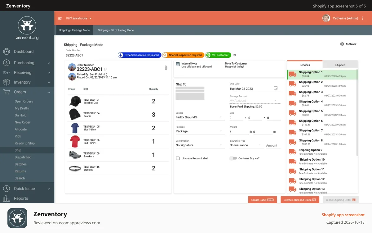 Zenventory Shopify app screenshot: Powerful integrated shipping