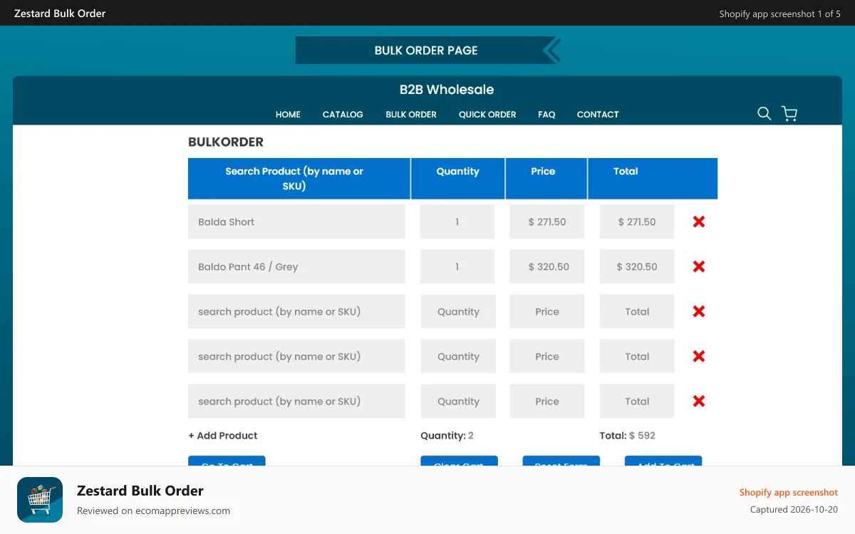 Zestard Bulk Order Shopify app screenshot: Bulk Order, Wholesale, Quick Order