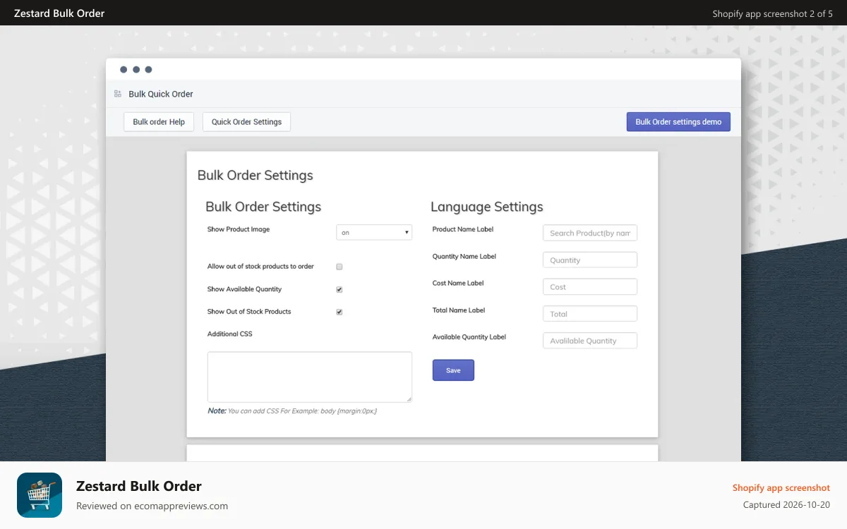 Zestard Bulk Order Shopify app screenshot: Bulk Order Settings