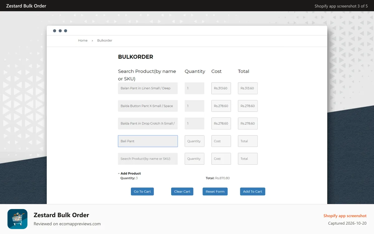 Zestard Bulk Order Shopify app screenshot: Bulk Order Storefront