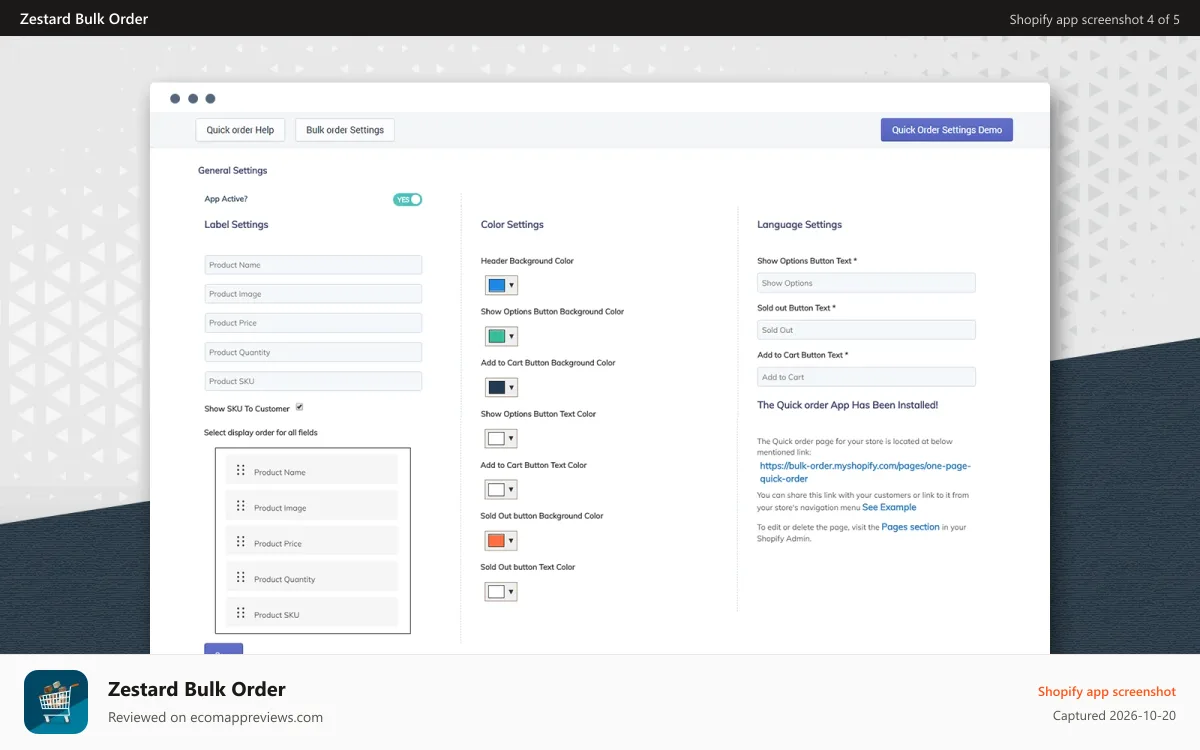 Zestard Bulk Order Shopify app screenshot: Quick Order Settings
