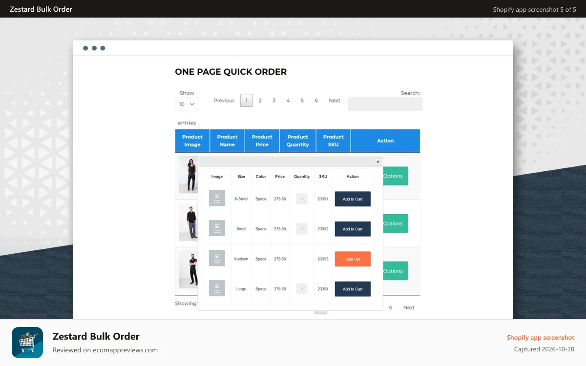 Zestard Bulk Order Shopify app screenshot: Quick Order Storefront