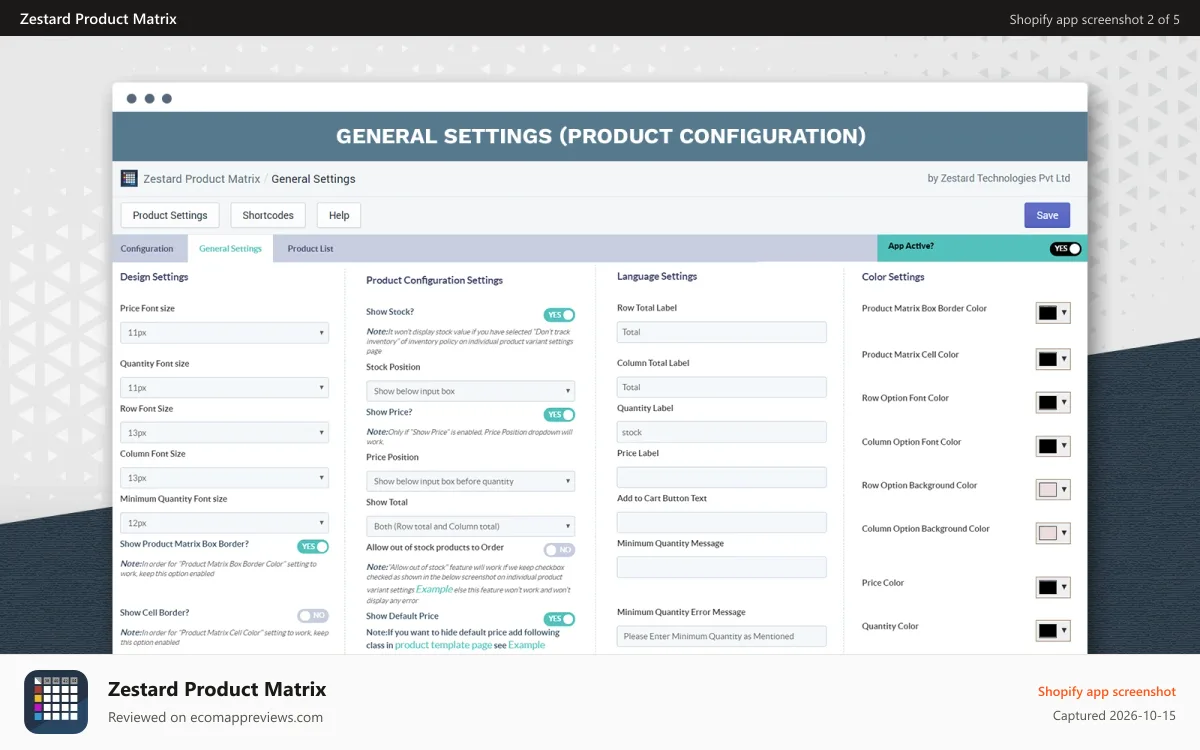 Zestard Product Matrix Shopify app screenshot: General Settings