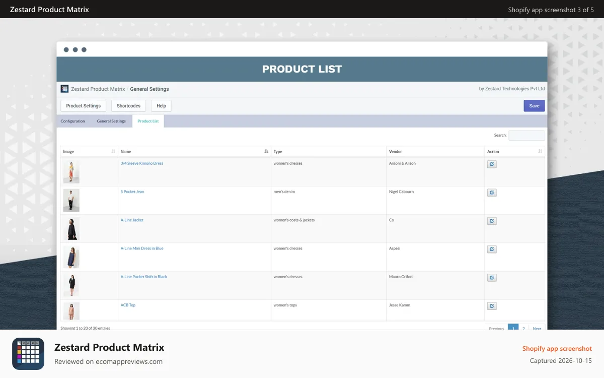 Zestard Product Matrix Shopify app screenshot: Product configuration settings