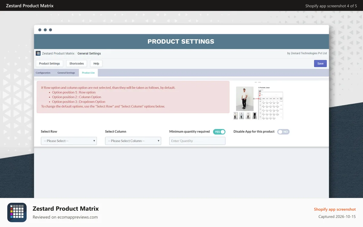 Zestard Product Matrix Shopify app screenshot: Product detail configuration settings
