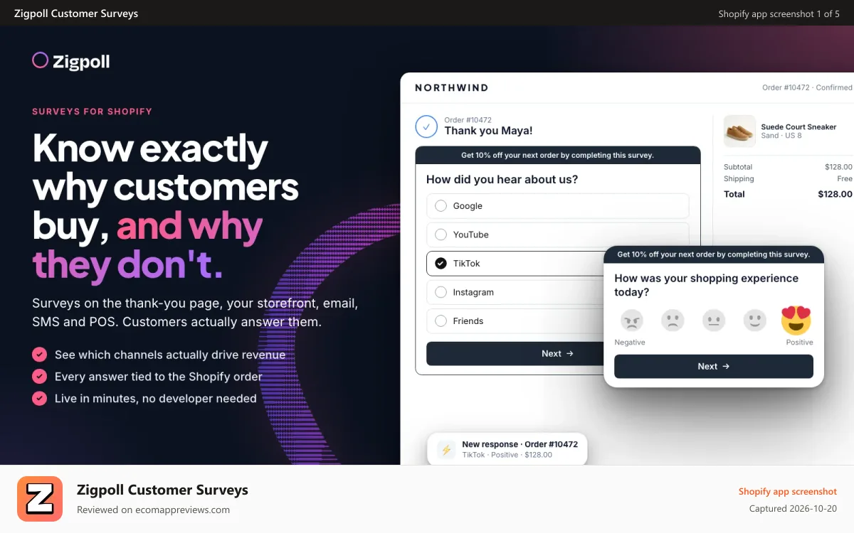 Zigpoll Customer Surveys Shopify app screenshot: Post-purchase survey on the Shopify thank-you page