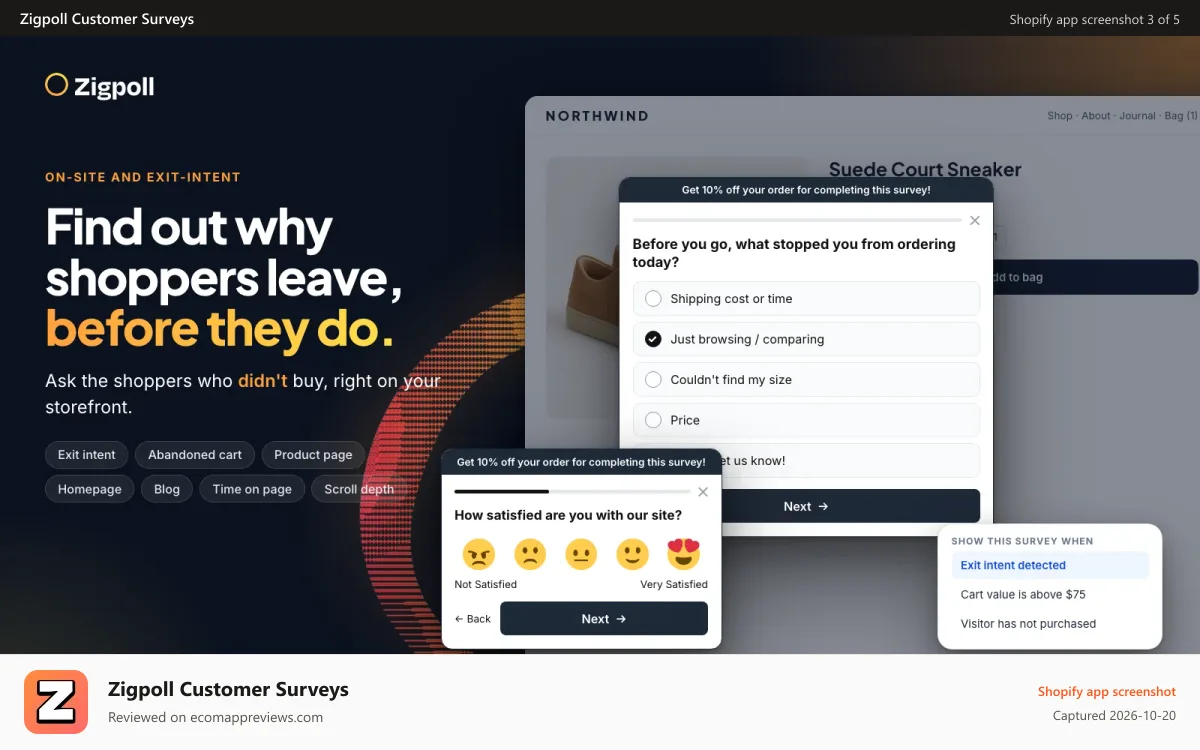 Zigpoll Customer Surveys Shopify app screenshot: Exit-intent and on-site surveys on a product page