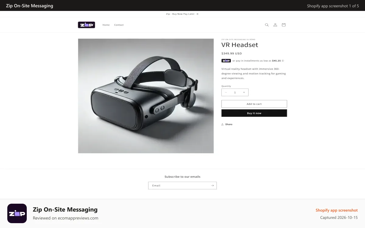 Zip On‑Site Messaging Shopify app screenshot: Zip widget displaying installment price below product price