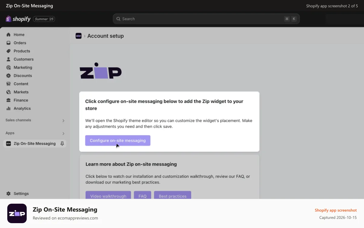 Zip On‑Site Messaging Shopify app screenshot: ZIP install widget