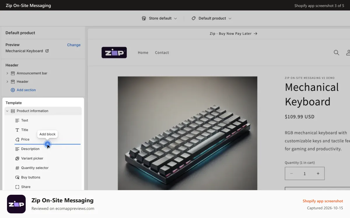 Zip On‑Site Messaging Shopify app screenshot: ZIP add widget to theme