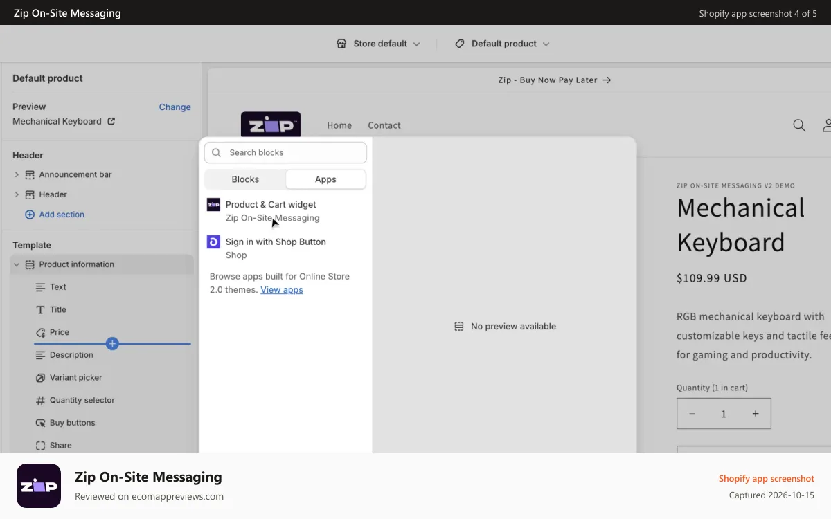 Zip On‑Site Messaging Shopify app screenshot: ZIP choose messaging app