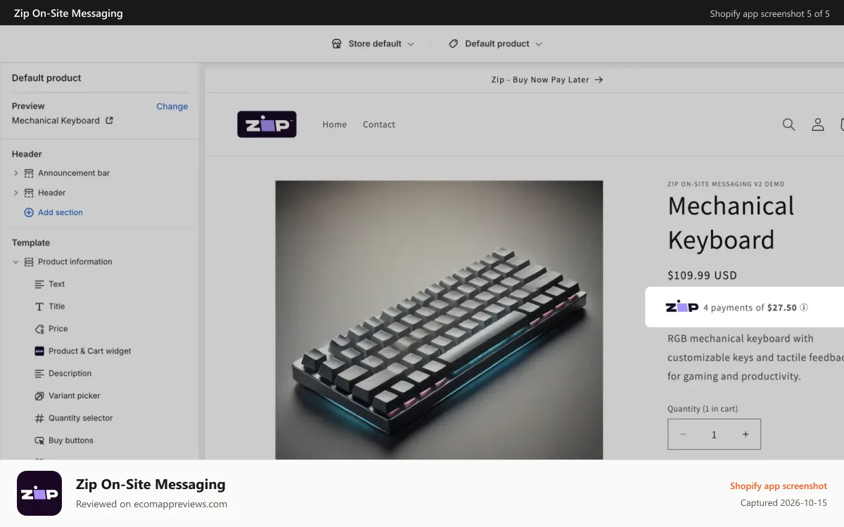 Zip On‑Site Messaging Shopify app screenshot: ZIP highlighted on PDP