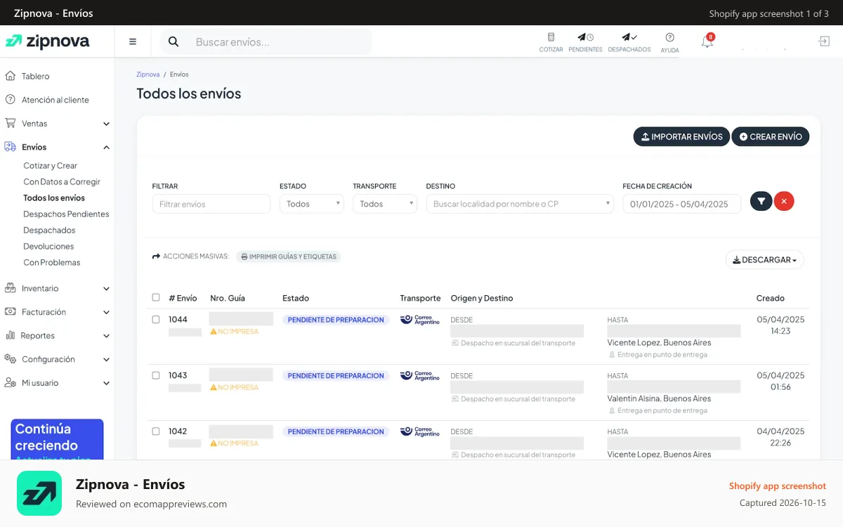 Zipnova ‑ Envíos Shopify app screenshot: Todos los envios en un solo lugar