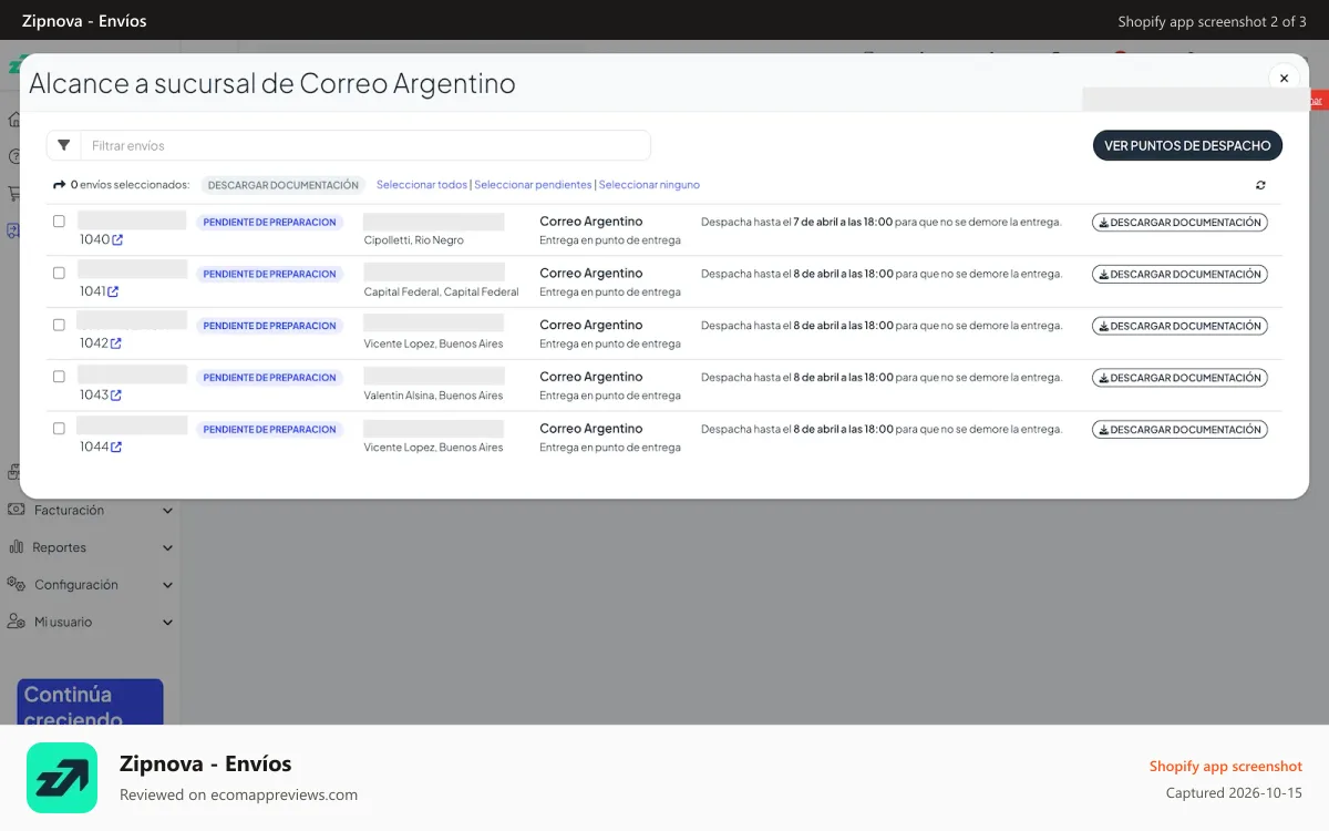 Zipnova ‑ Envíos Shopify app screenshot: Gestiona facilmente tus recolecciones y despachos