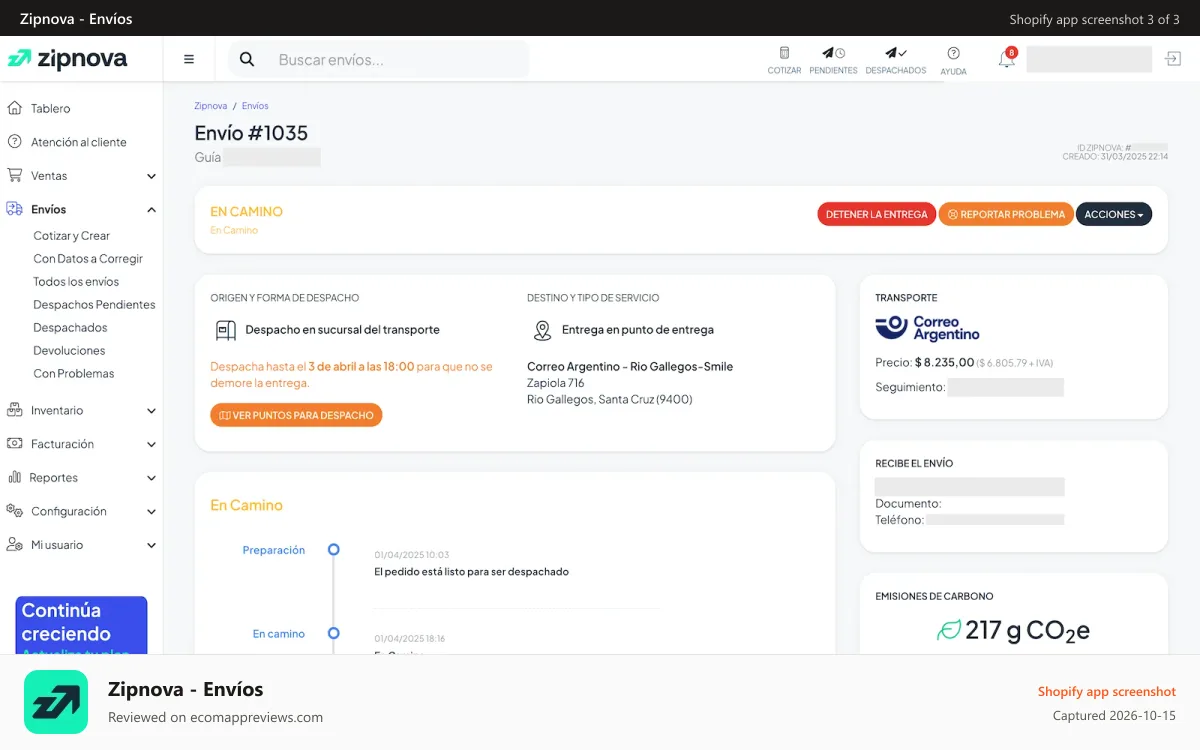 Zipnova ‑ Envíos Shopify app screenshot: Detalle pormenorizado de cada envío y sus movimientos.