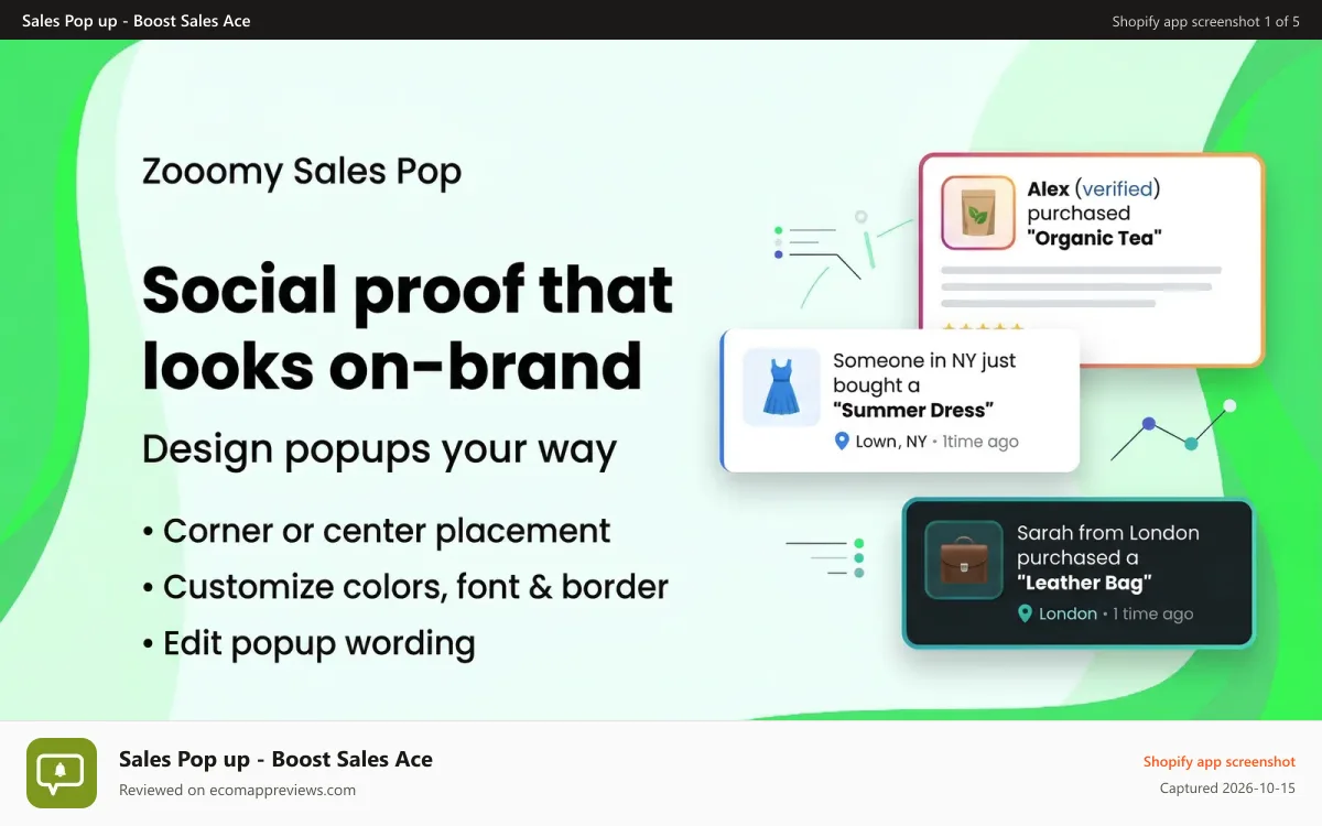 Sales Pop up ‑ Boost Sales Ace Shopify app screenshot: salespop