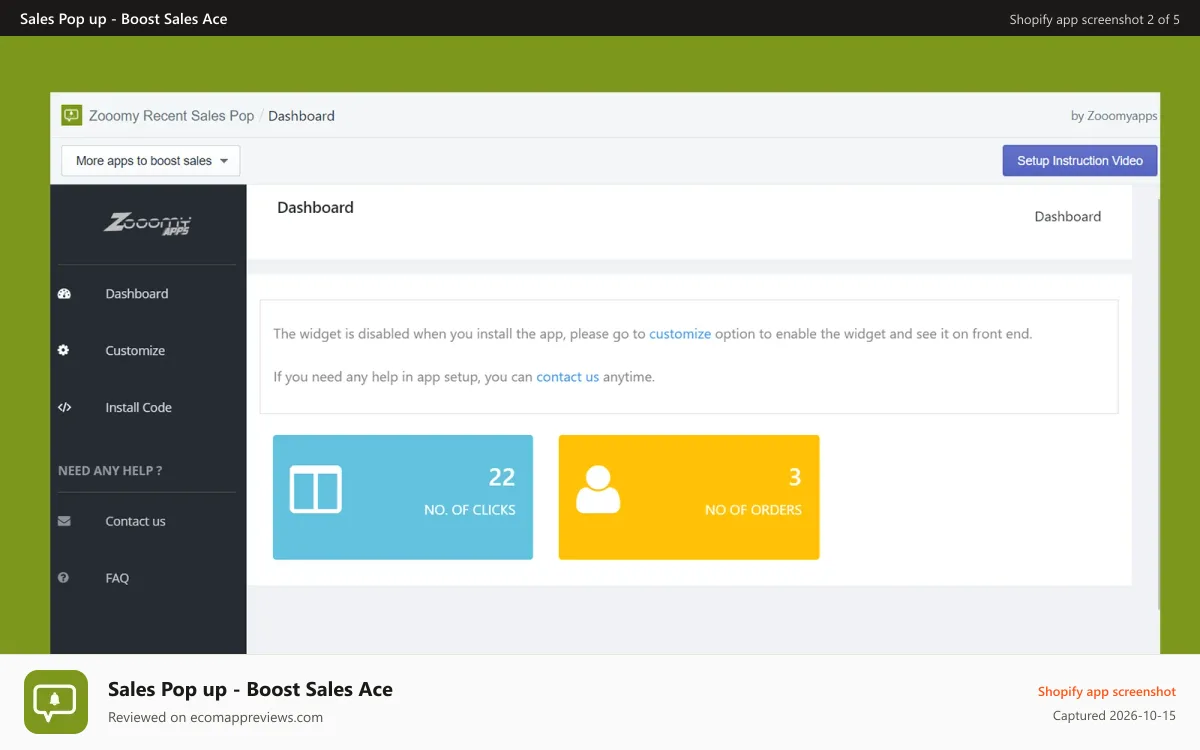 Sales Pop up ‑ Boost Sales Ace Shopify app screenshot: Zooomy sales pop dashboard